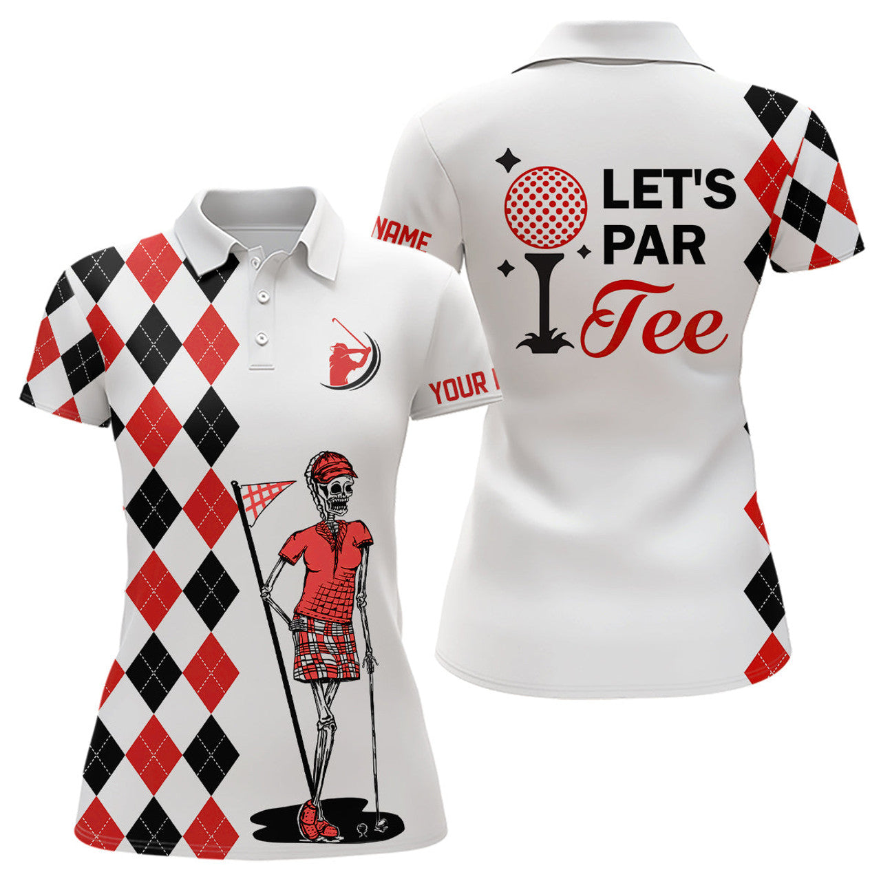 Custom Black And Red Argyle Pattern Women Golf Polo Shirts Custom Let's Par Tee Skull Golf Gifts For Ladies