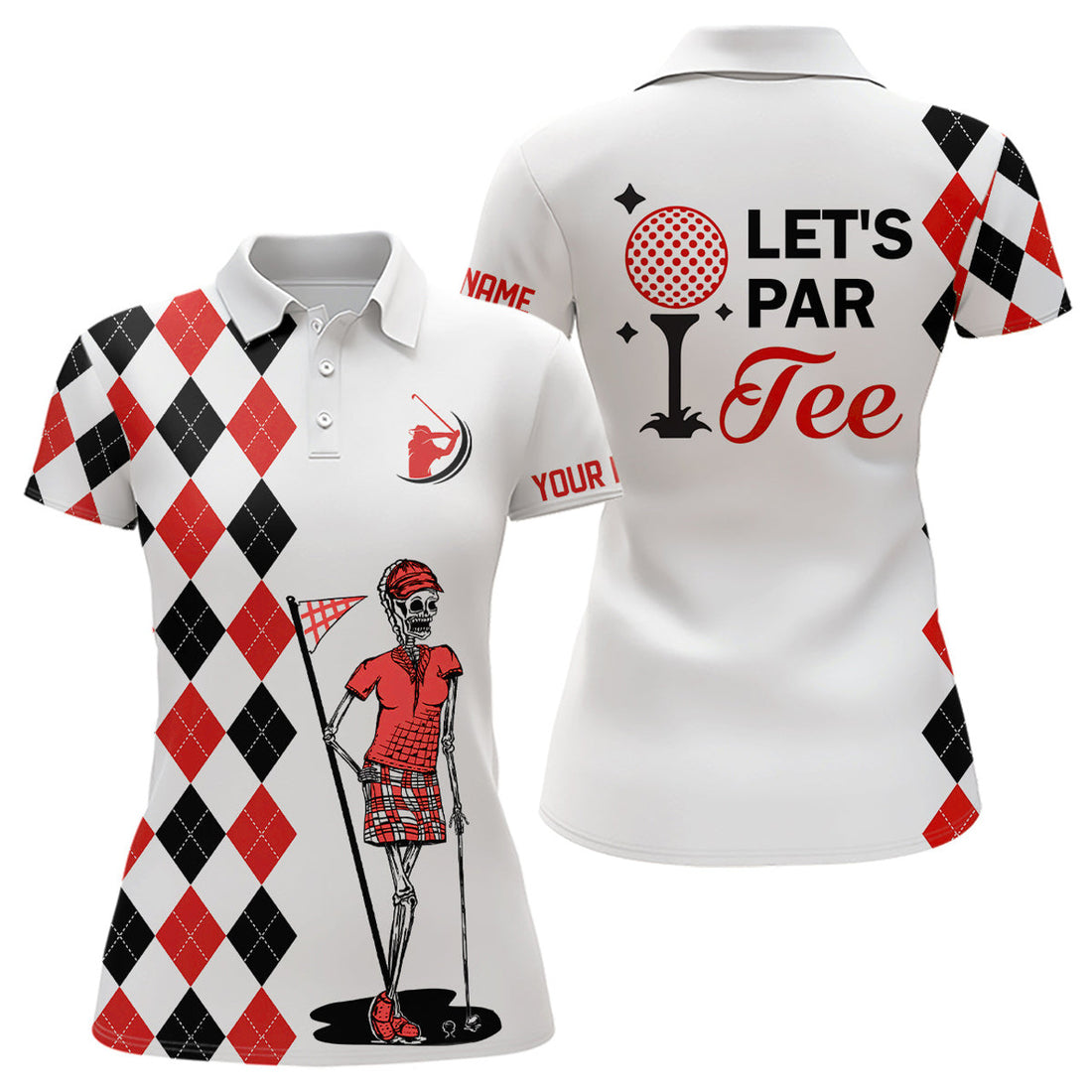 Custom Black And Red Argyle Pattern Women Golf Polo Shirts Custom Let's Par Tee Skull Golf Gifts For Ladies