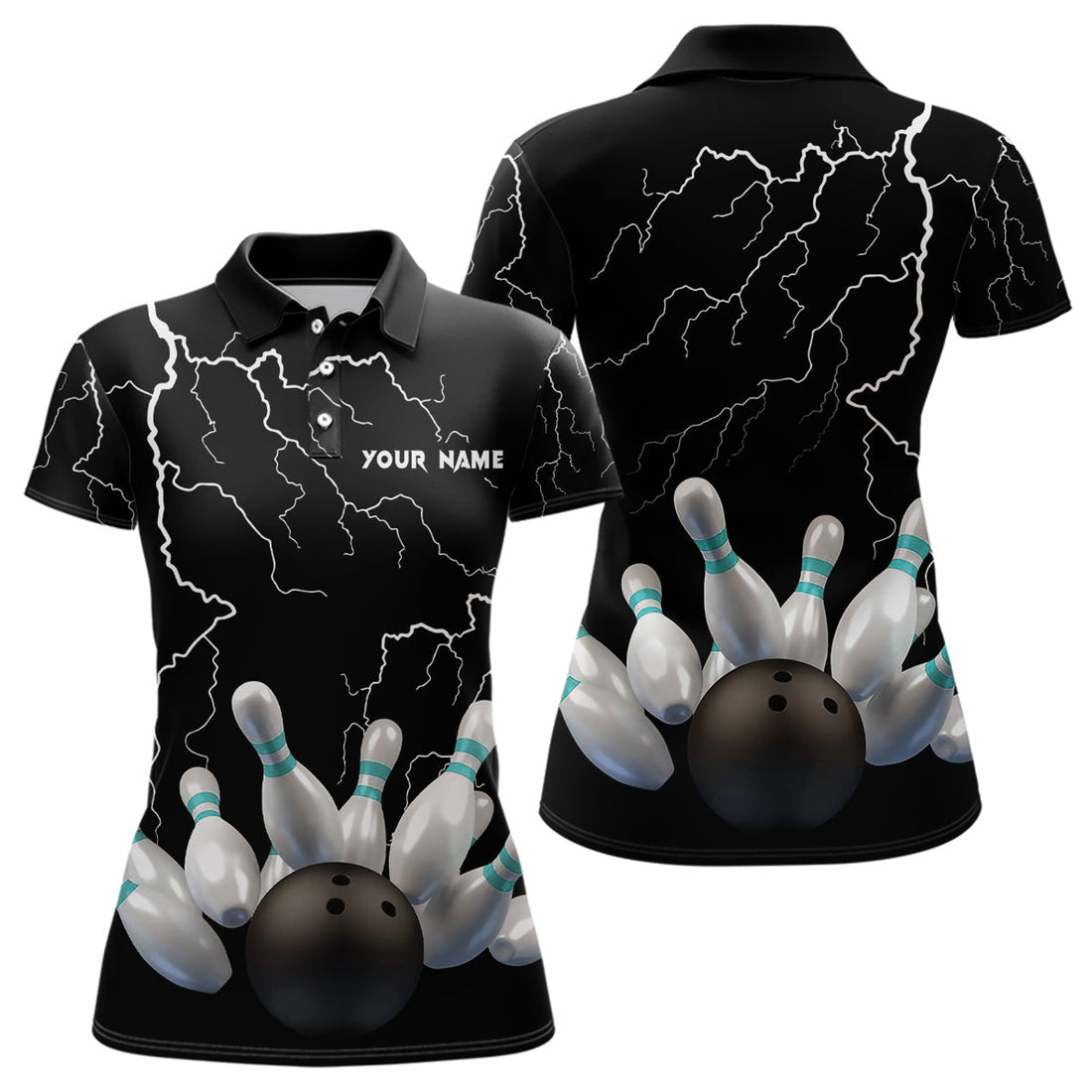Custom Black Lightning Thunder Custom Women Bowling Polo Shirt Bowling Ball Pins Team Jerseys