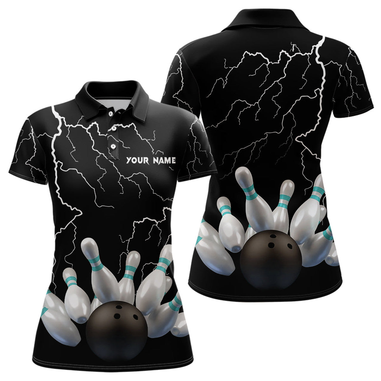 Custom Black Lightning Thunder Custom Women Bowling Polo Shirt Bowling Ball Pins Team Jerseys