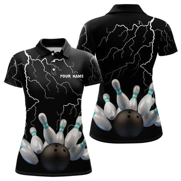 Custom Black Lightning Thunder Custom Women Bowling Polo Shirt Bowling Ball Pins Team Jerseys