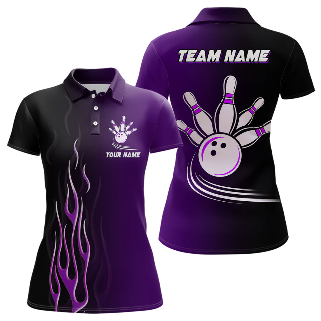 Custom Gradient Black Purple Bowling League Jerseys Custom Women Bowling Polo Shirts, Gifts For Bowling Team