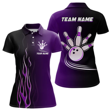 Custom Gradient Black Purple Bowling League Jerseys Custom Women Bowling Polo Shirts, Gifts For Bowling Team