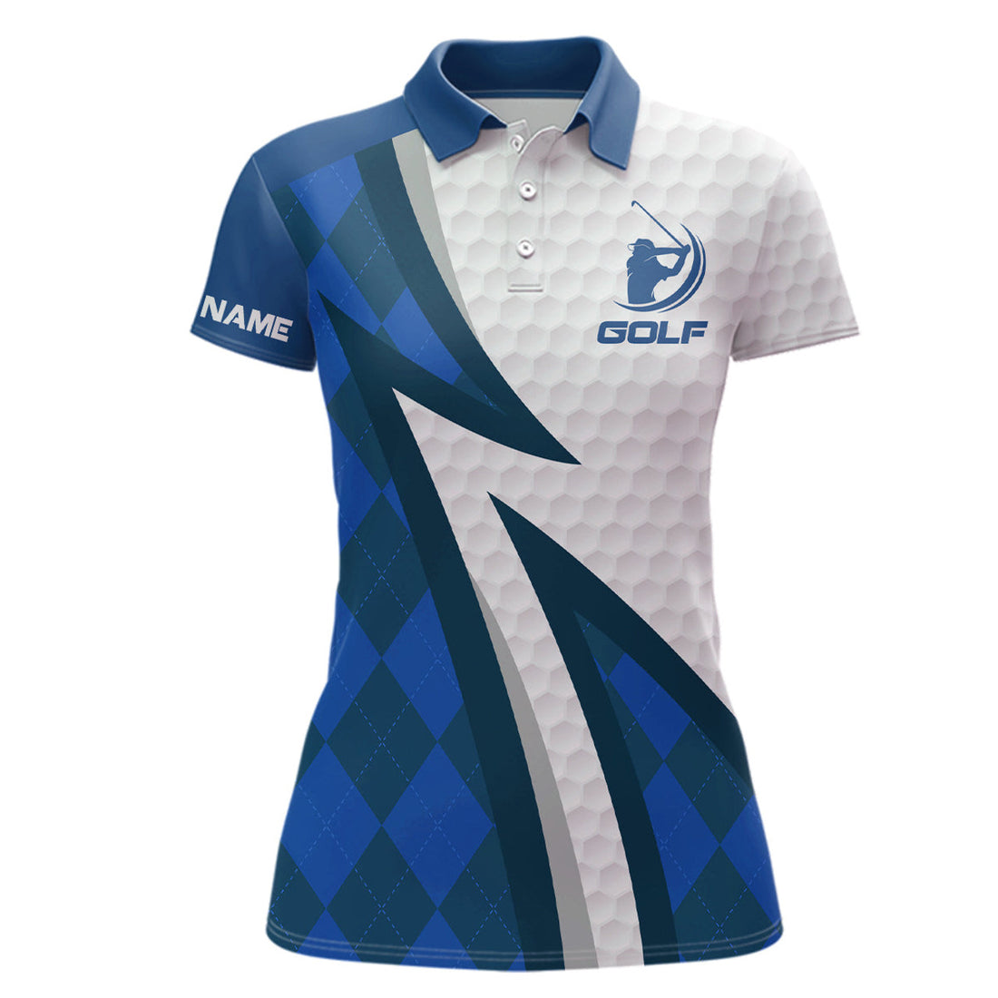 Custom Women Golf Polo Shirts Custom Name Blue Argyle Pattern White Golf Ball Skin Womens Golf Wears
