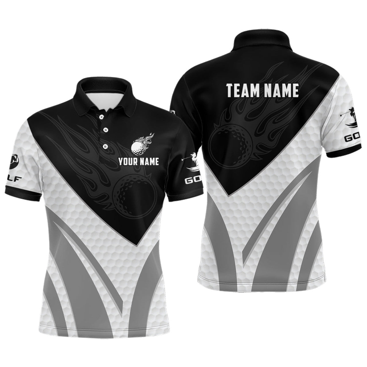 Custom Black and white Men golf polo shirts custom golf ball fire mens printed golf shirts