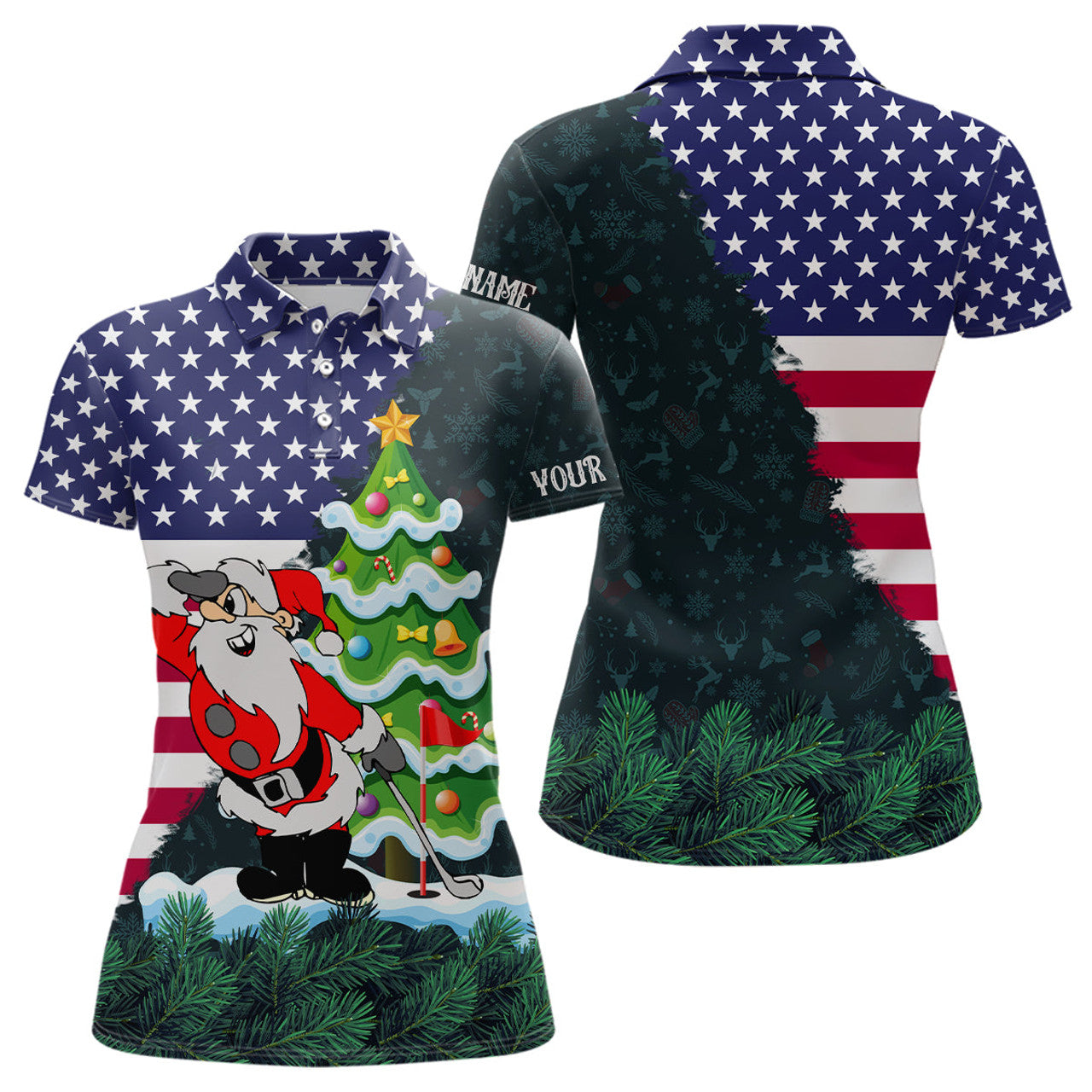 Custom American flag Christmas Santa golf pattern custom Womens golf polo shirts, christmas golf apparel