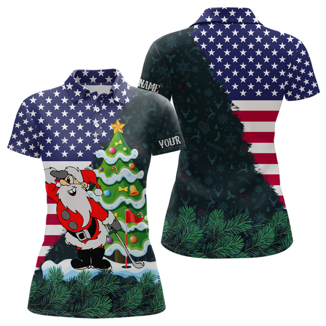 Custom American flag Christmas Santa golf pattern custom Womens golf polo shirts, christmas golf apparel