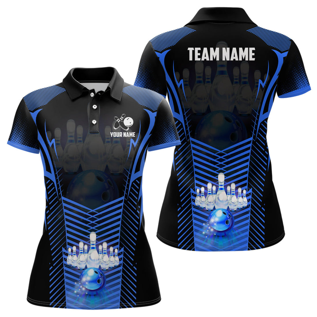 Custom Women Bowling Polo Shirts Custom Bowling Ball And Pins Team League Jerseys, Gifts For Bowlers | Blue