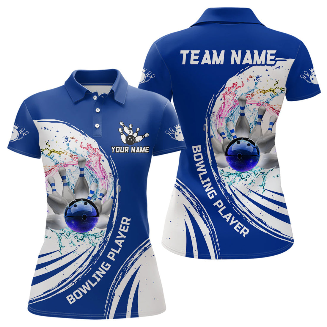 Custom Women Bowling Polo Shirts Custom Water Bowling Ball Pins Bowling Team Jersey, Gift For Bowlers | Blue