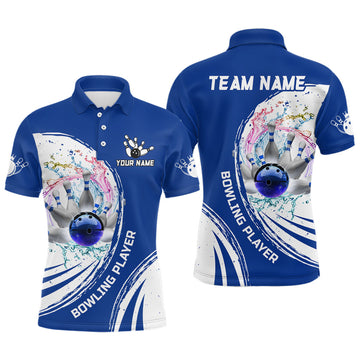 Custom Men Bowling Polo Shirt Custom water bowling ball pins Bowling Team Jersey, gift for Bowlers | Blue