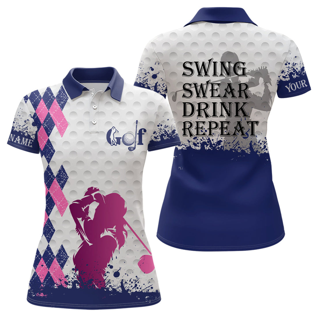 Custom Blue Pink Argyle Plaid White Women Golf Polo Shirt Custom Swing Swear Drink Repeat Ladies Golf Tops