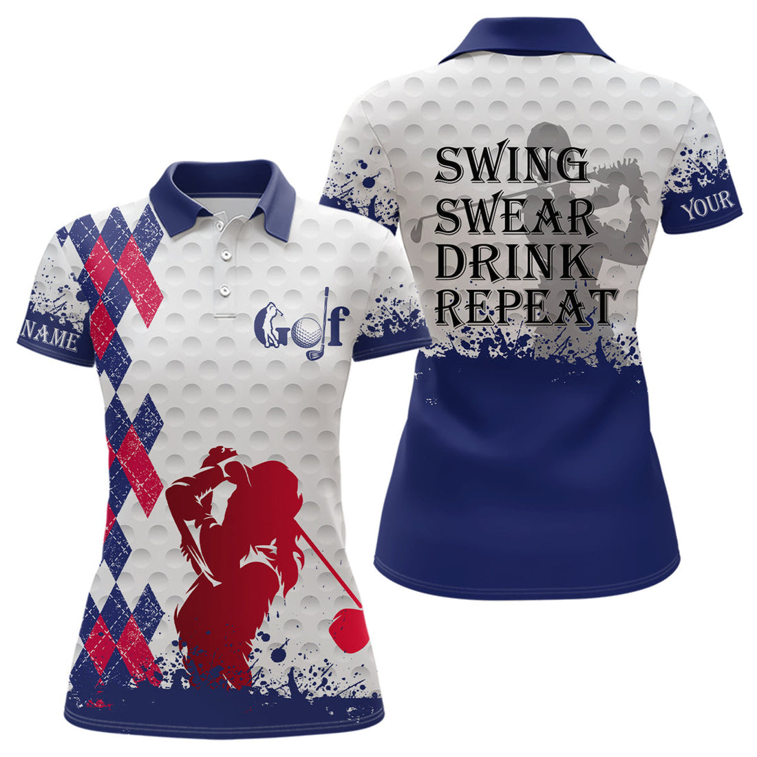 Custom Red White And Blue Argyle Plaid Women Golf Polo Shirt Custom Swing Swear Drink Repeat Ladies Golf Tops