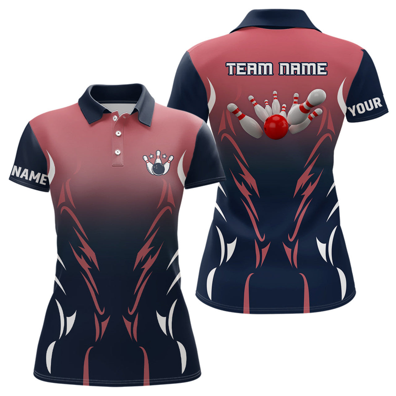 Custom Women Bowling Polo Shirts Custom Navy And Red Retro Bowling Team Shirts, Custom Bowling Jerseys