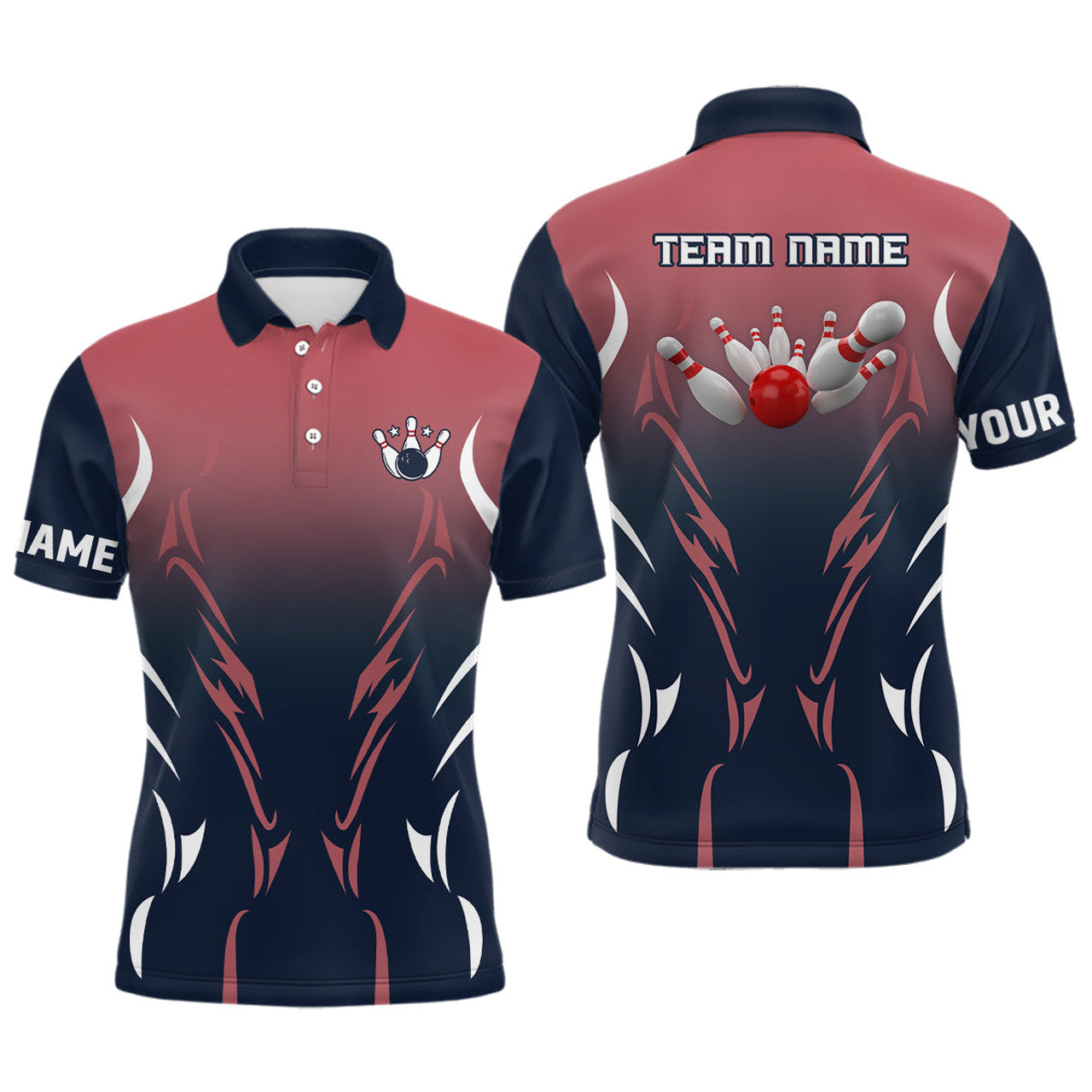 FUNSTUFFPRINT Mens polo bowling shirts Custom navy and red retro bowling team Polo Shirt Size S-5XL