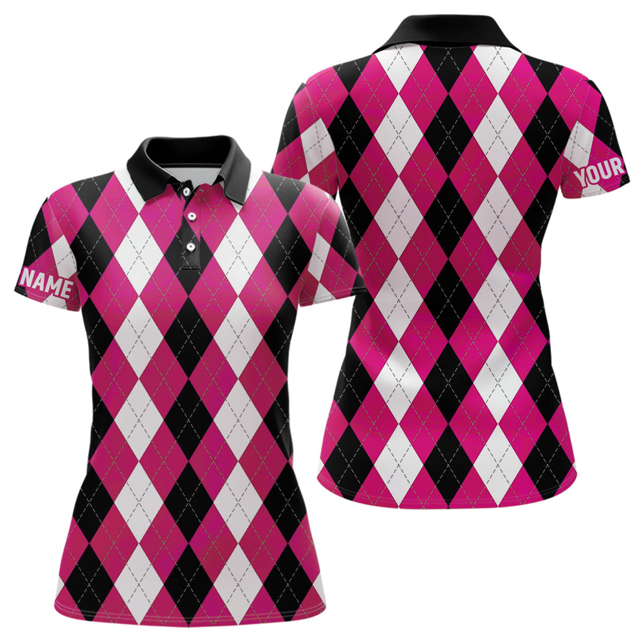Custom Womens Golf Polo Shirts Custom Pink Argyle Plaid Pattern Golf Attire For Women, Golf Gifts