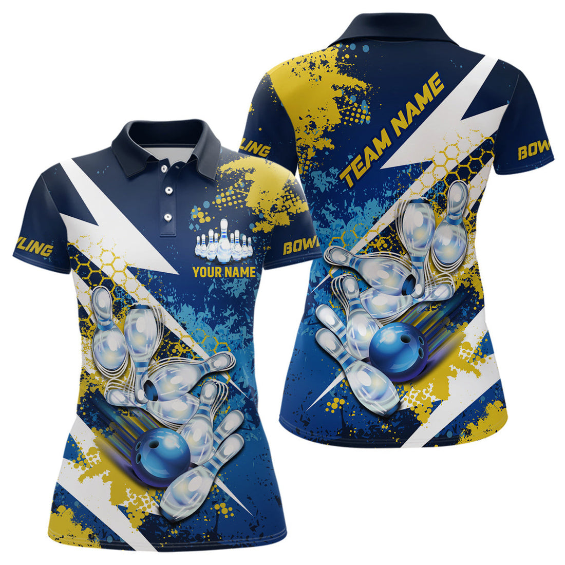 Custom Yellow and blue grunge lightning Bowling Polo For Women Custom Team Bowling Jersey
