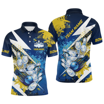 FUNSTUFFPRINT Yellow and blue grunge lightning Bowling Polo Shirt Size S-5XL