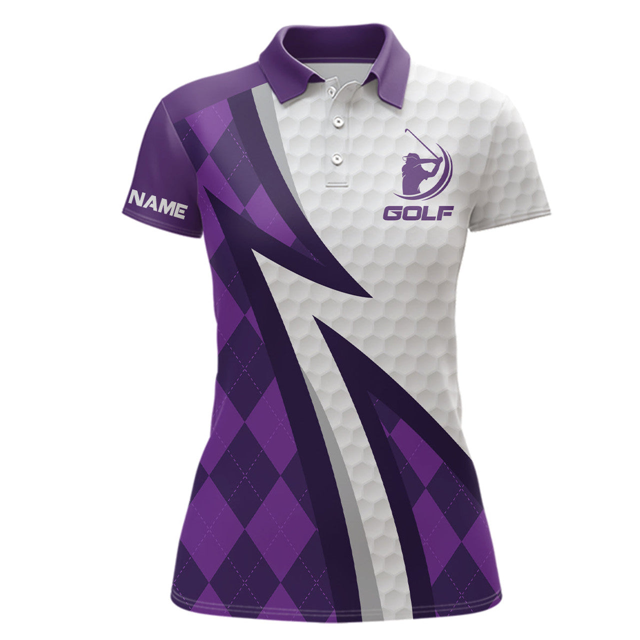 Custom Women Golf Polo Shirts Custom Name Purple Argyle Pattern White Golf Ball Skin Womens Golf Wears