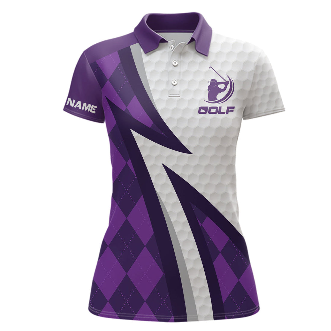 Custom Women Golf Polo Shirts Custom Name Purple Argyle Pattern White Golf Ball Skin Womens Golf Wears