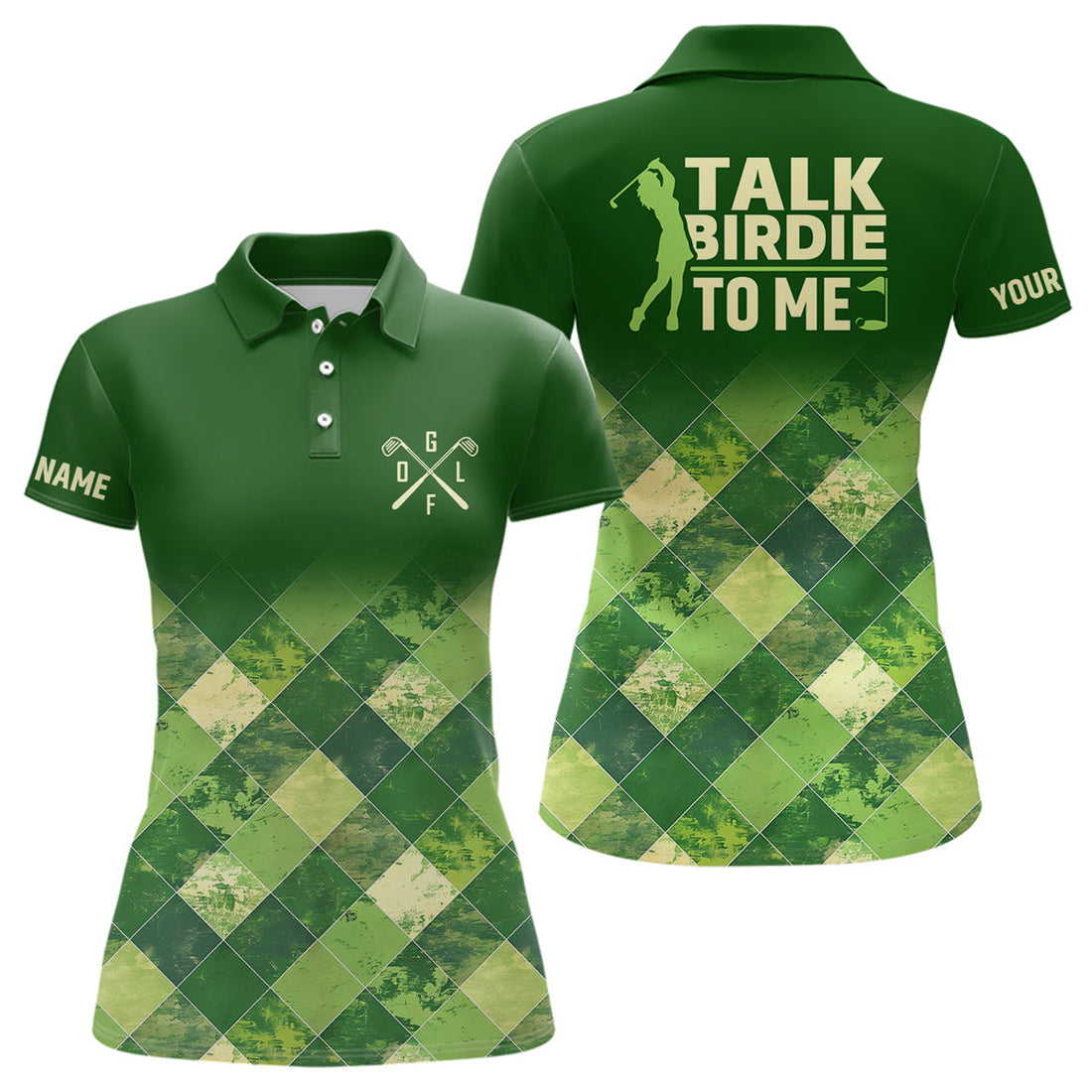 Custom Funny Womens Golf Polo Shirt Custom Green Argyle Pattern Golf Shirts For Ladies Talk Birdie To Me