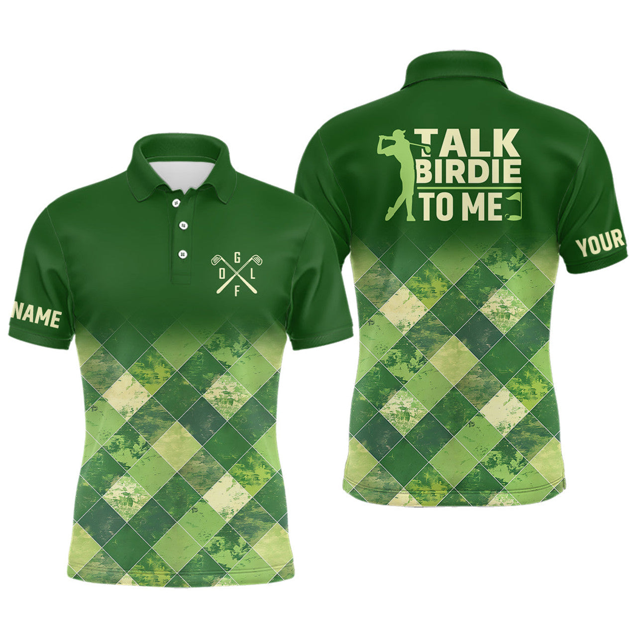 Custom Funny Mens golf polo shirts custom green argyle pattern golf shirt for mens talk birdie to me