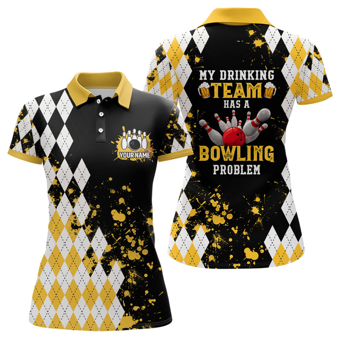 Custom Yellow Argyle Pattern Retro Bowling Polo Shirt For Women Custom My Drinking Team Has A Bowling Problem