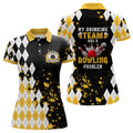 Custom Yellow Argyle Pattern Retro Bowling Polo Shirt For Women Custom My Drinking Team Has A Bowling Problem