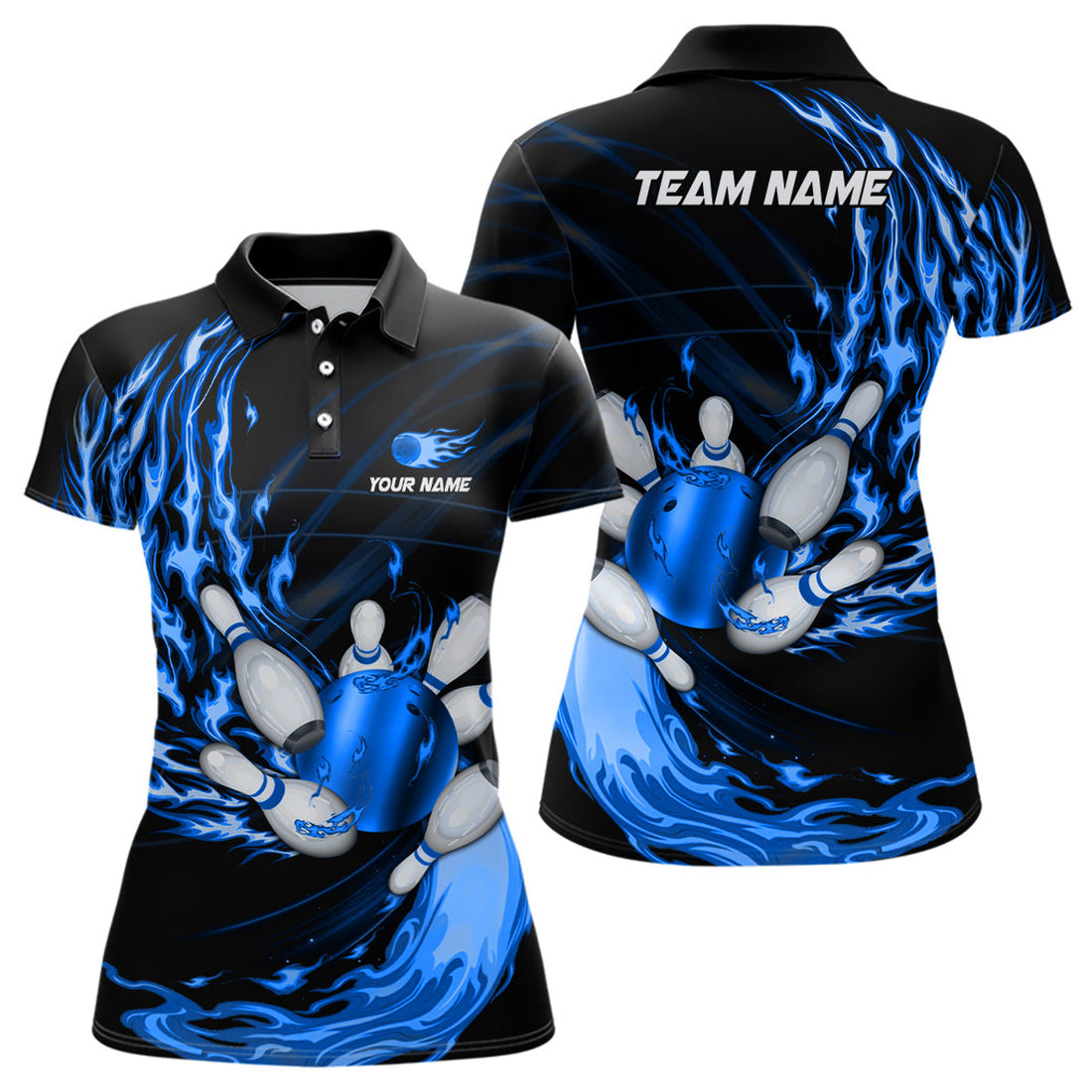 Custom Womens Bowling Polo Shirts Custom Blue Flame Bowling Ball And Pins Team League Bowler Jerseys