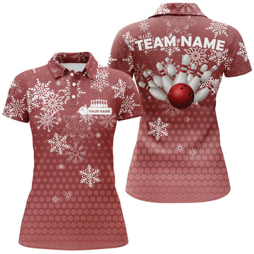 Custom Womens Bowling Polo Shirts Custom Christmas snowflake Bowling ball pins team Ladies Jersey