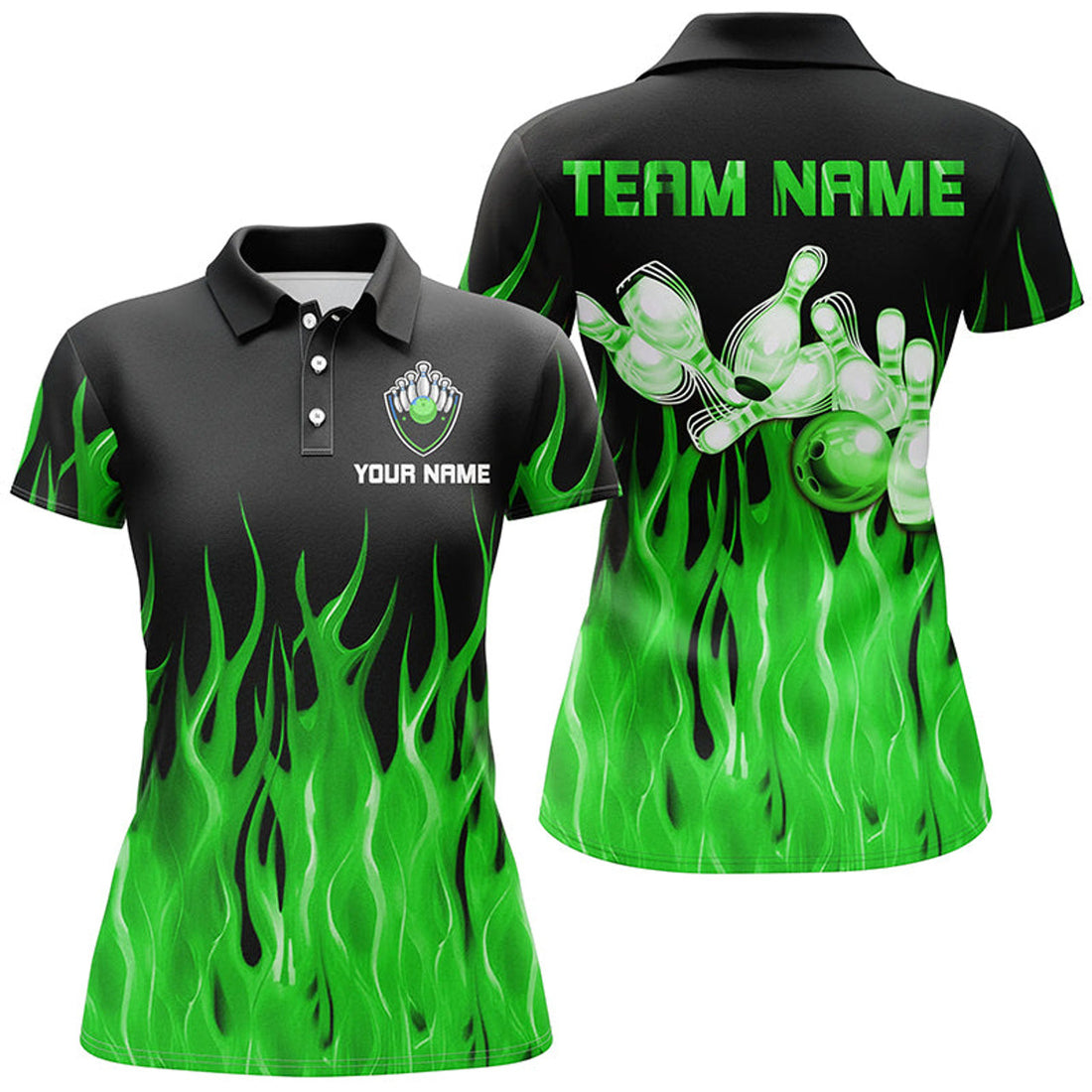 Custom Green Flame Womens Bowling Polo Shirt Black Bowling Jerseys Personalized Bowling Team Shirts