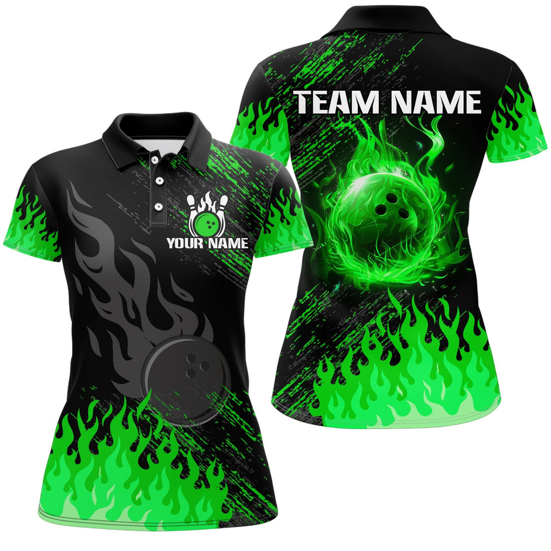 Custom Personalized Black And Green Flame Bowling Polo For Women, Custom Bowling Jerseys