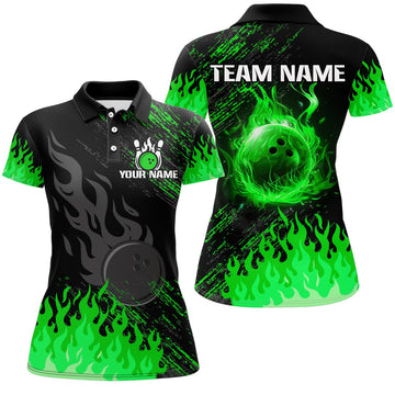 Custom Personalized Black And Green Flame Bowling Polo For Women, Custom Bowling Jerseys
