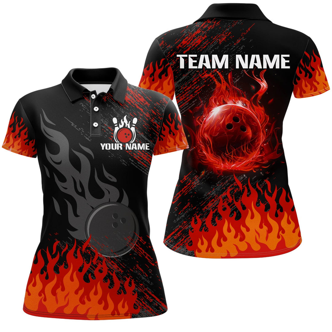 Custom Personalized black and red Flame bowling Polo for Women, custom bowling jerseys