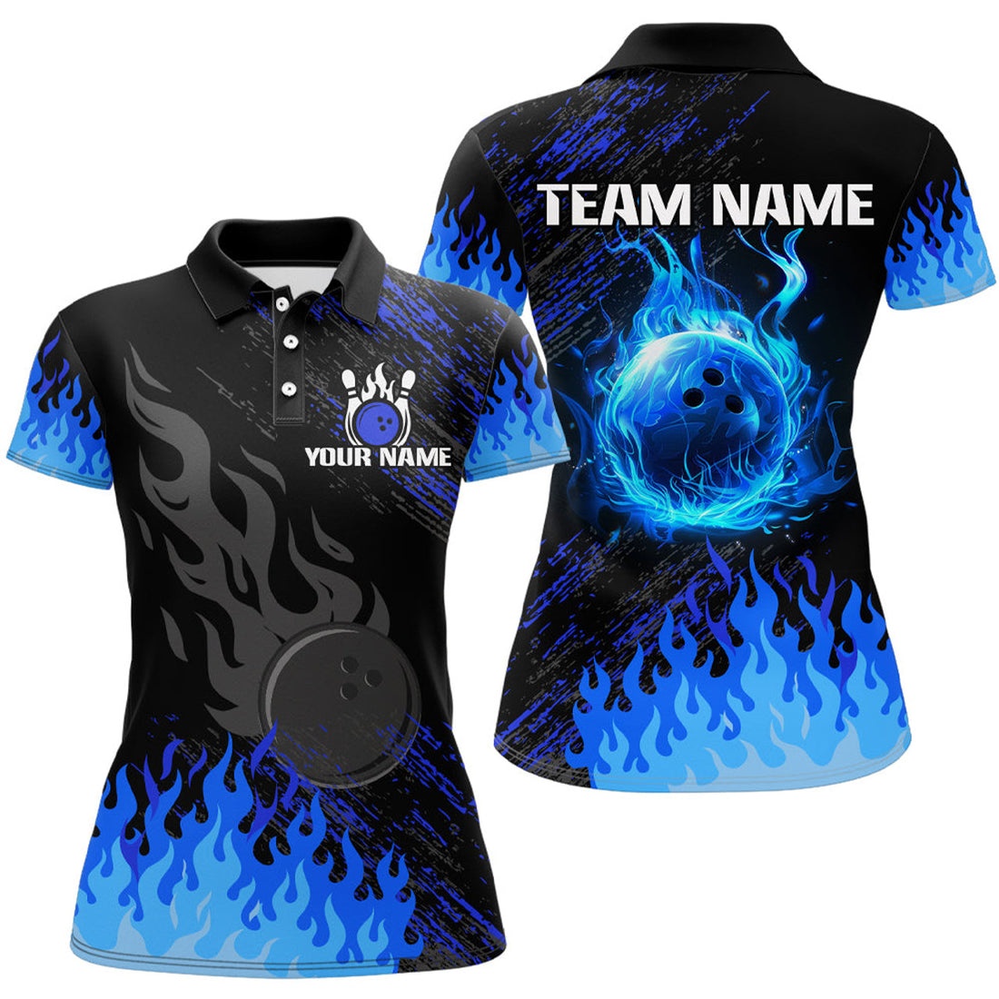 Custom Personalized Black And Blue Flame Bowling Polo For Women, Custom Bowling Jerseys