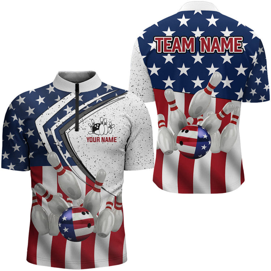 Custom Patriotic Men's Bowling Jersey Shirt, Custom Name Team Men Bowlers Jersey American Flag, Bowling Flag