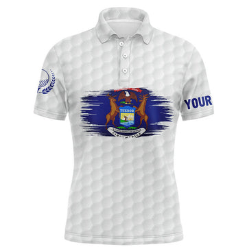 FUNSTUFFPRINT Michigan Flag White Golf Ball Pattern Mens Polo Shirt Custom Patriotic Golf Polo Shirt Size S-5XL