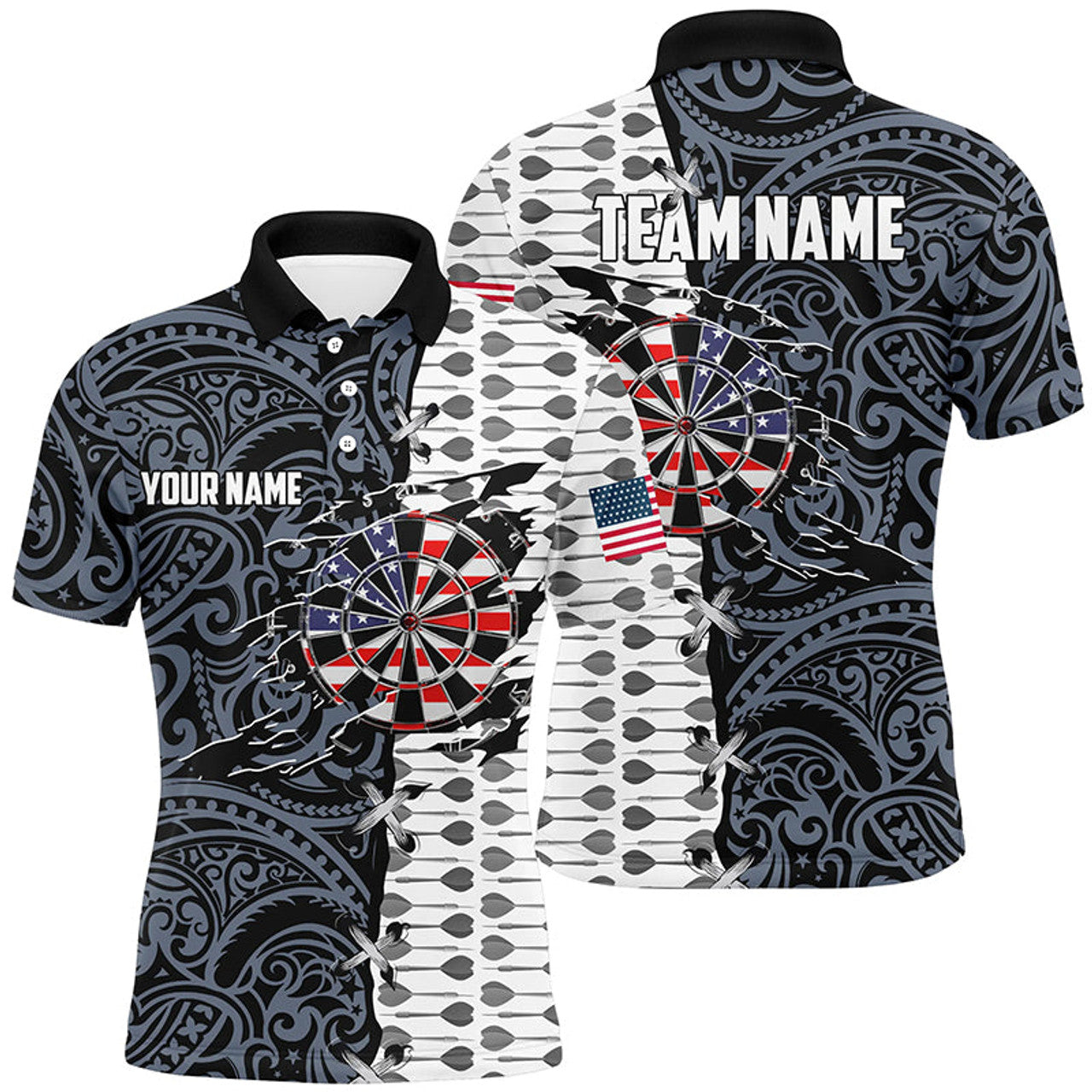 FUNSTUFFPRINT Split Tribal American Flag Mens Darts Polo Shirts Custom Patriotic Darts Polo Shirt Size S-5XL