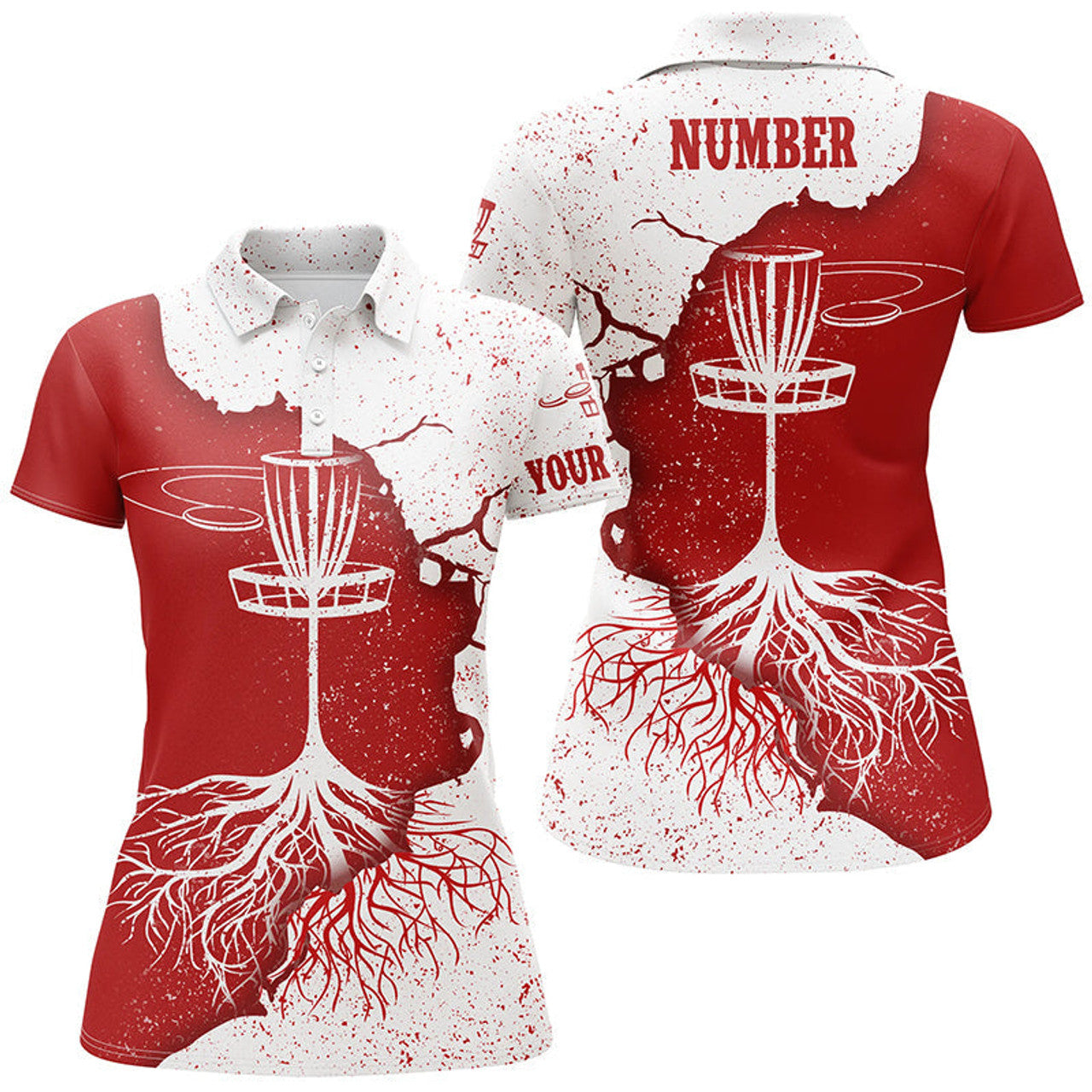 Custom Womens Disc Golf Polo Shirt Red White Grunge Custom Disc Golf Tops For Women Disc Golf Basket