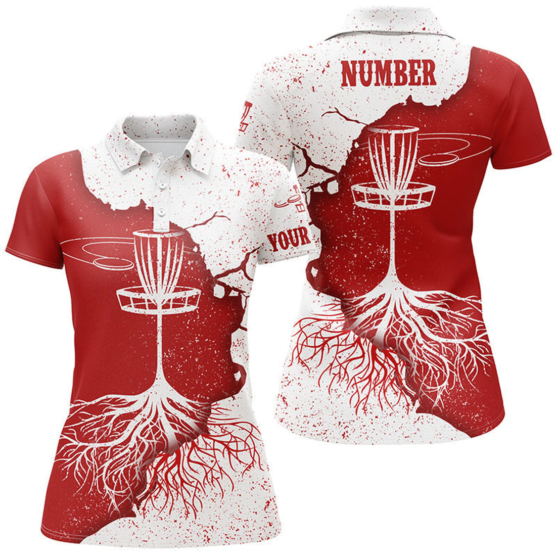 Custom Womens Disc Golf Polo Shirt Red White Grunge Custom Disc Golf Tops For Women Disc Golf Basket