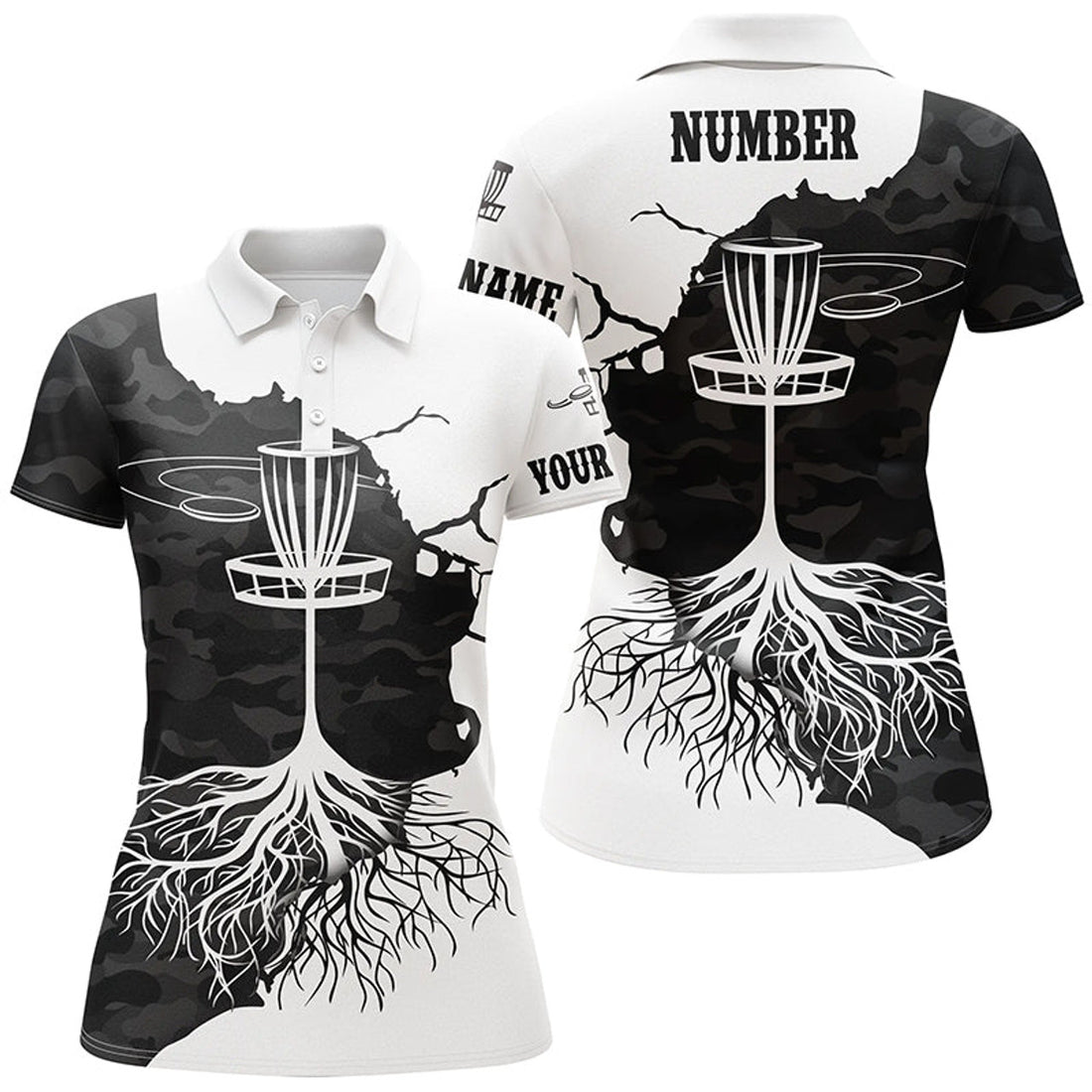Custom Black Camo Womens Disc Golf Polo Shirt Custom Black White Disc Golf Tops For Women Golf Gifts