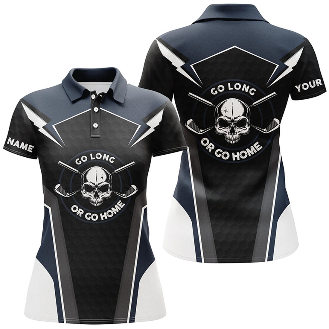 Custom Skull Golf Shirts For Womens, Navy Skull Custom Name Womens Golf Shirt, Golf Polo Shirts For Ladies