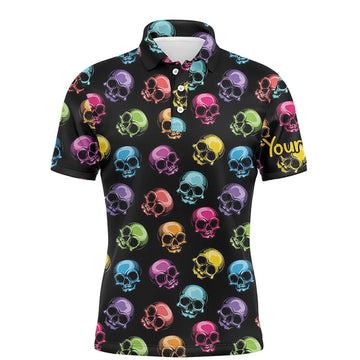 FUNSTUFFPRINT Colorful Skull Golf Polo Shirts Personalized Halloween Golf Shirts For Men Polo Shirt Size S-5XL