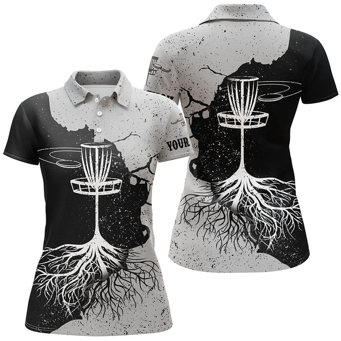 Custom Womens Disc Golf Polo Shirt Custom Name Black & Grey Disc Golf Basket, Disc Golf Shirts For Women