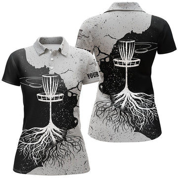 Custom Womens Disc Golf Polo Shirt Custom Name Black & Grey Disc Golf Basket, Disc Golf Shirts For Women