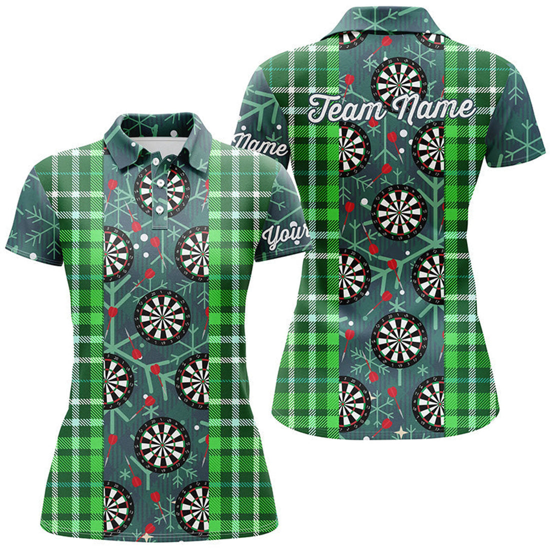 Custom Christmas Darts Flannel Plaid Pattern Green Women Polo Shirt Custom Darts Jersey For Women