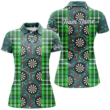 Custom Christmas Darts Flannel Plaid Pattern Green Women Polo Shirt Custom Darts Jersey For Women