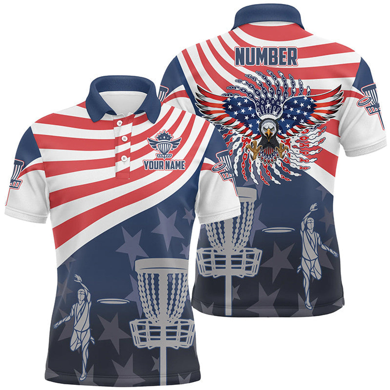 Custom American Flag Mens Disc Golf Polo Shirts Patriotic Us Eagle Custom Disc Golf Shirts For Men