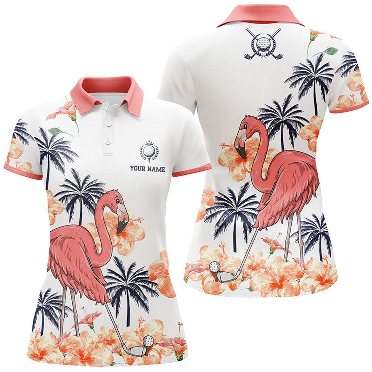 Custom Womens Pink Tropical Golf Polo Shirts, Personalized Flamingo Golf Shirts For Women, Golf Gifts