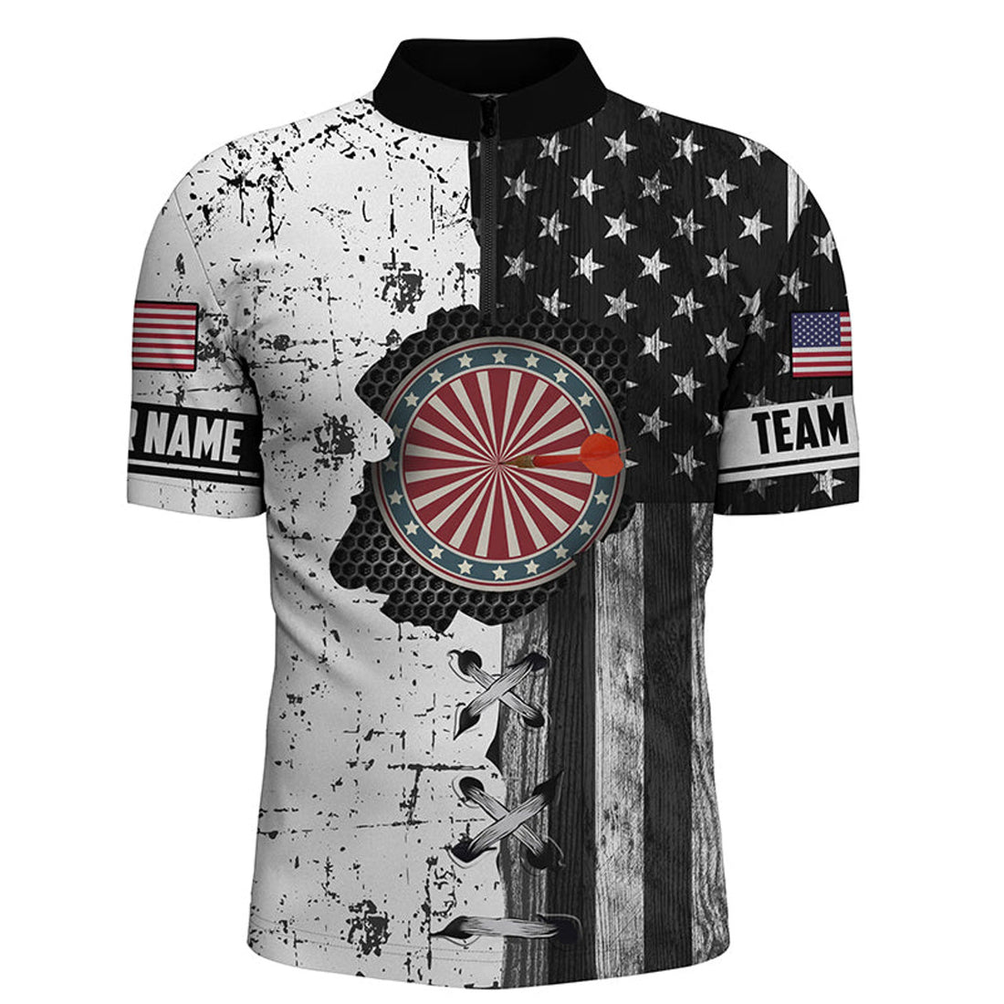 Custom Darts In My Heart Retro American Flag Quarter-Zip Shirt Patriotic Dart Jersey For Men