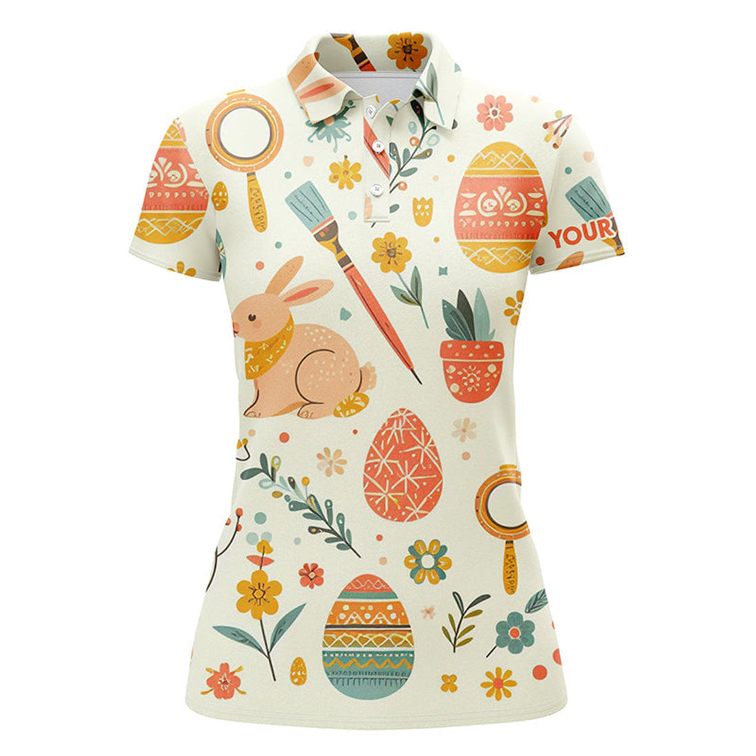 Custom Colorful Easter Eggs & Bunnies Womens Golf Polo Shirt Custom Easter Funny Golf Tops For Women